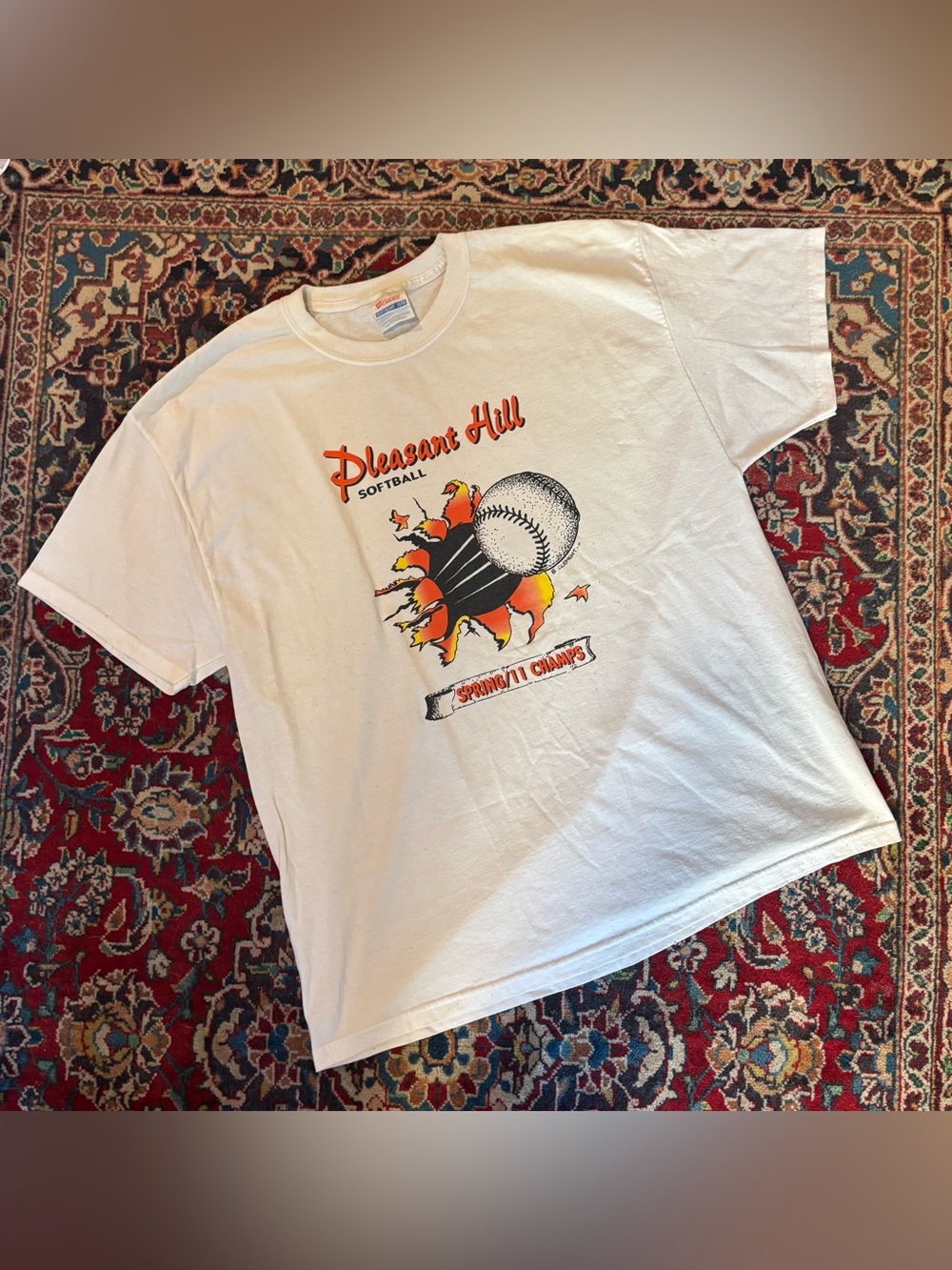 Vintage Pleasant Hill Softball White Graphic Tee with Orange and Black Print